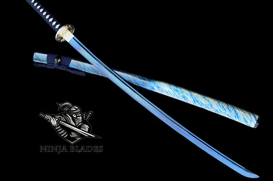 Japanese Katana with Blue Blade & Cherry Blossom Tsuba – Azure Spring Edition