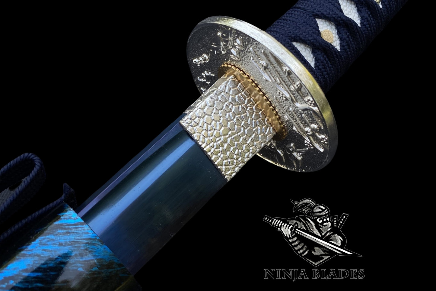 Japanese Katana with Blue Blade & Cherry Blossom Tsuba – Azure Spring Edition