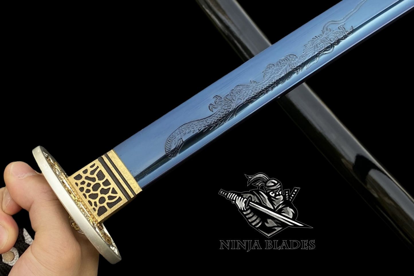 Japanese Katana with Blue Blade & Golden Dragon Tsuba – Azure Edition