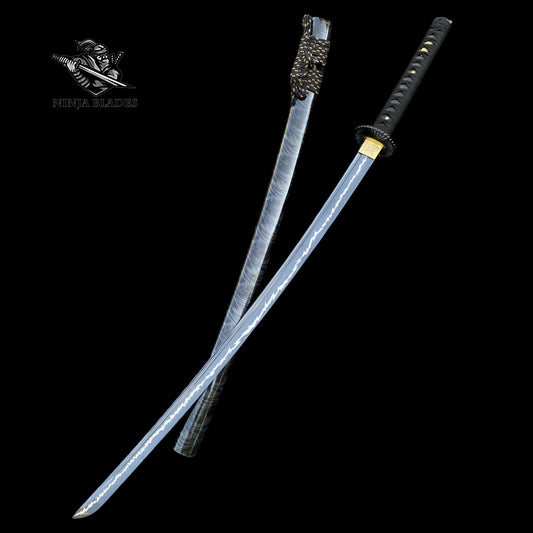 Japanese Katana with Blue Blade & Fan Tsuba – Thunderbolt Edition