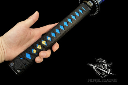 Blue Blade Samurai Katana with Butterfly Tsuba