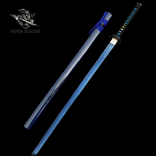Blue Blade Samurai Katana with Butterfly Tsuba