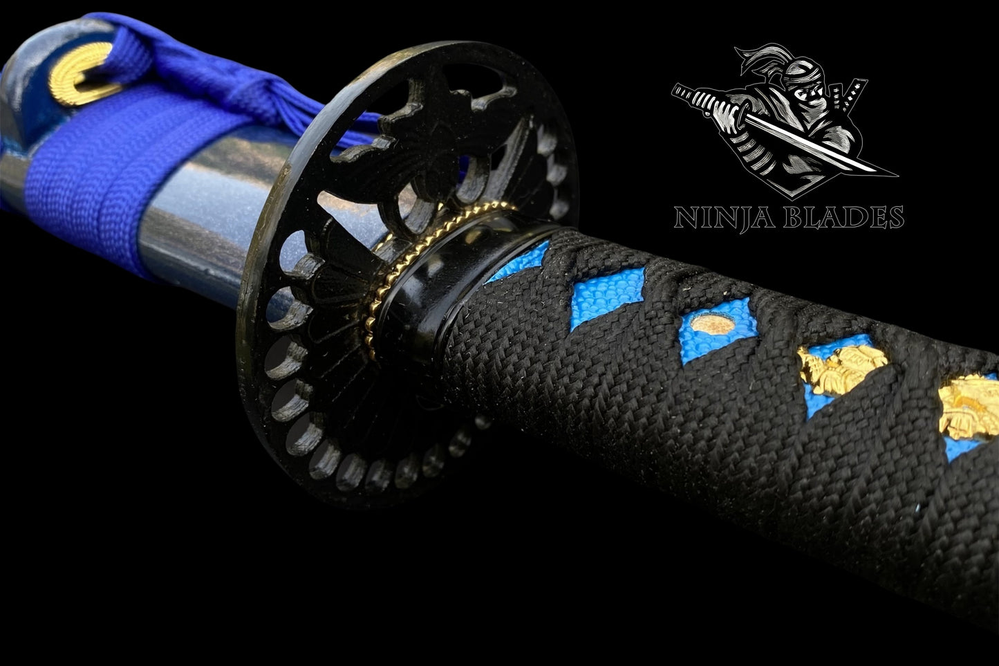 Blue Blade Samurai Katana with Butterfly Tsuba