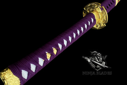 Japanese Katana with Purple Blade & Golden Dragon Tsuba – Royal Amethyst Edition