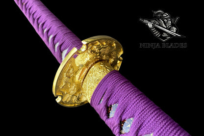 Japanese Katana with Purple Blade & Golden Dragon Tsuba – Royal Amethyst Edition