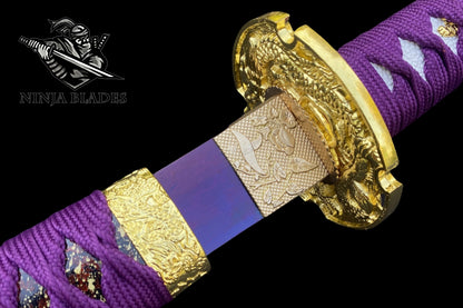 Japanese Katana with Purple Blade & Golden Dragon Tsuba – Royal Amethyst Edition