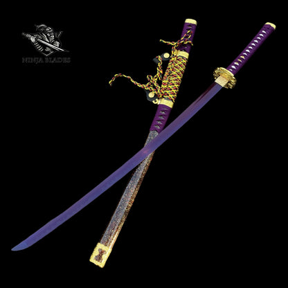 Japanese Katana with Purple Blade & Golden Dragon Tsuba – Royal Amethyst Edition