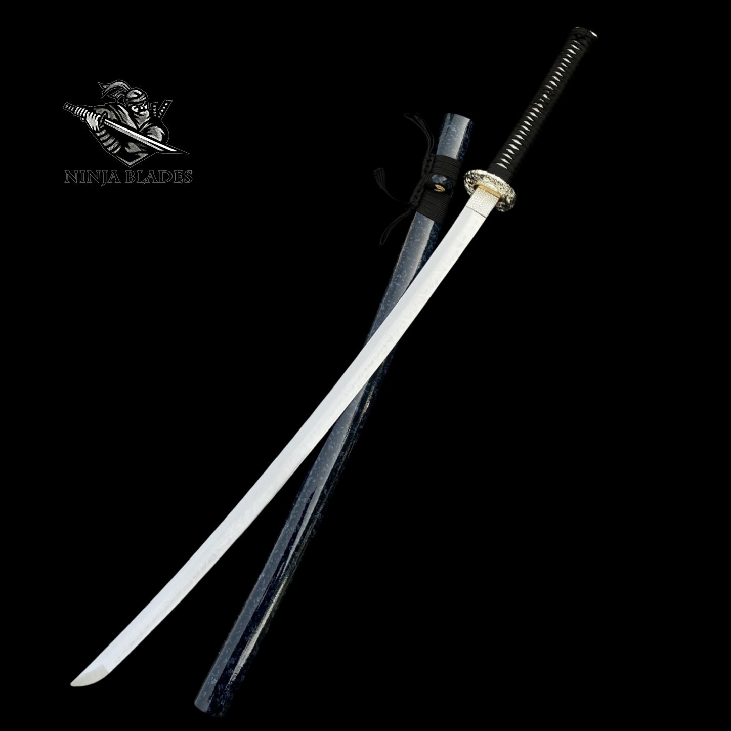 Premium Samurai Katana with Silver Floral Tsuba & Dark Blue Saya