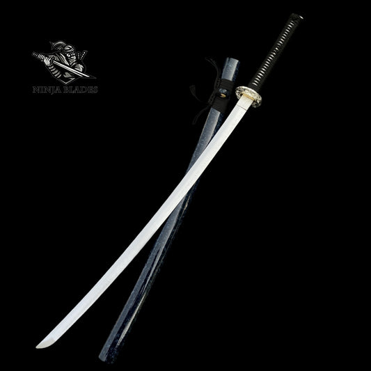 Premium Samurai Katana with Silver Floral Tsuba & Dark Blue Saya