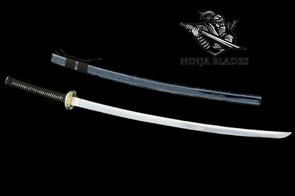 Premium Samurai Katana with Silver Floral Tsuba & Dark Blue Saya
