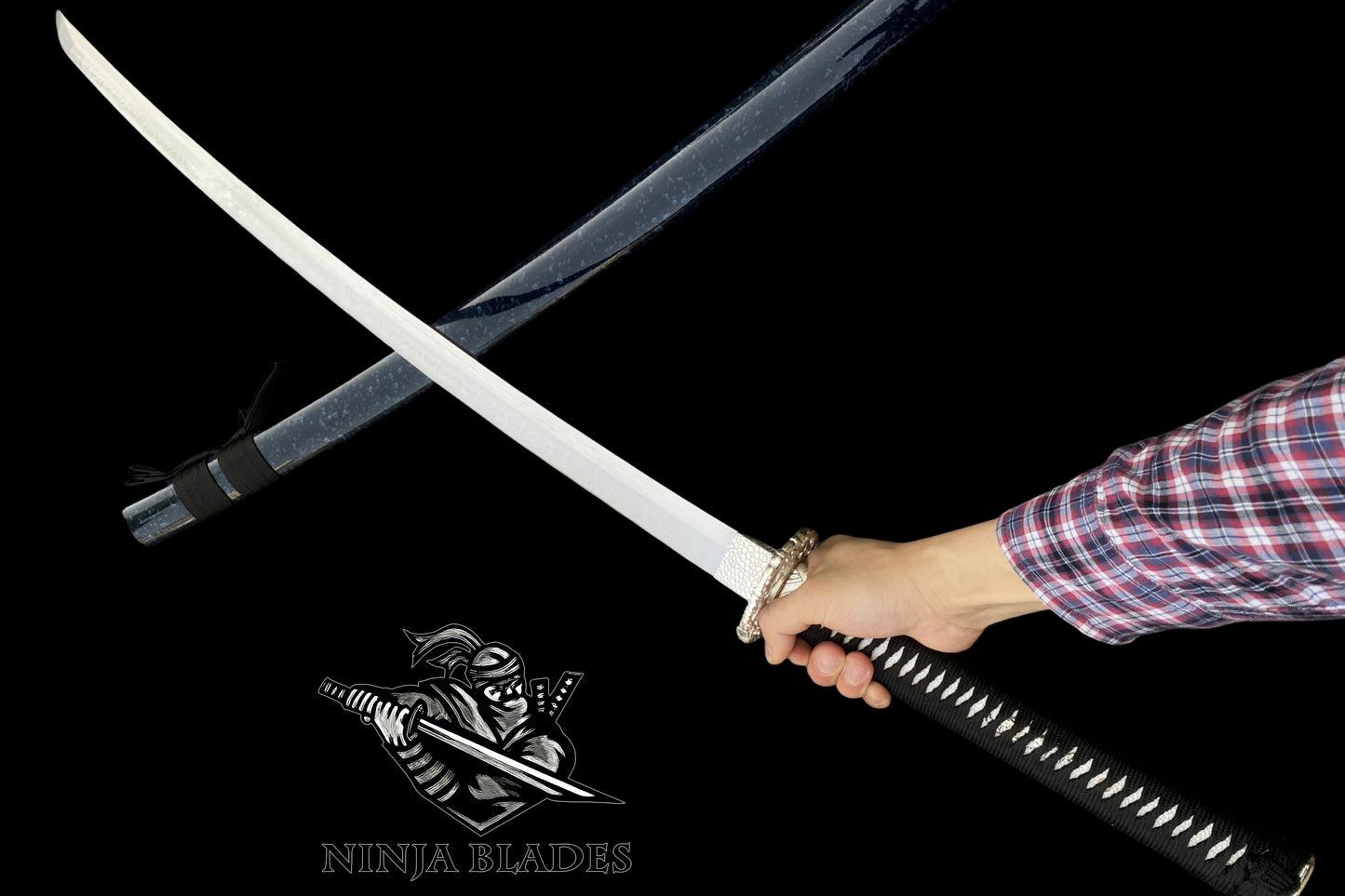 Premium Samurai Katana with Silver Floral Tsuba & Dark Blue Saya