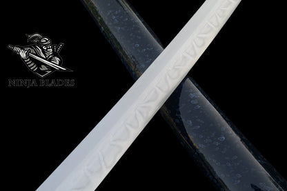 Premium Samurai Katana with Silver Floral Tsuba & Dark Blue Saya