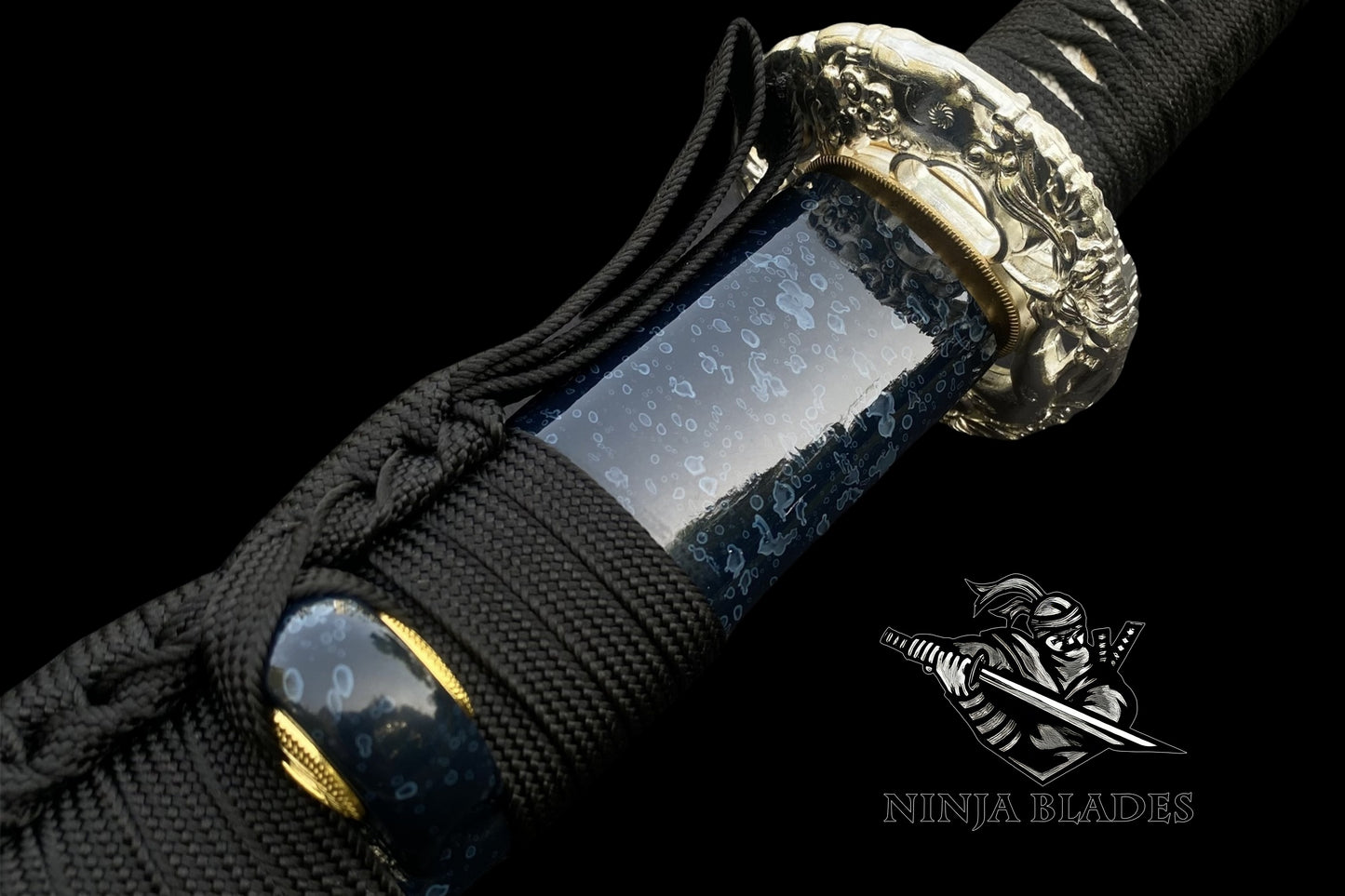 Premium Samurai Katana with Silver Floral Tsuba & Dark Blue Saya