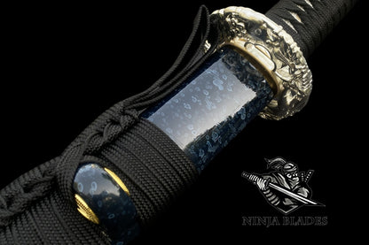 Premium Samurai Katana with Silver Floral Tsuba & Dark Blue Saya