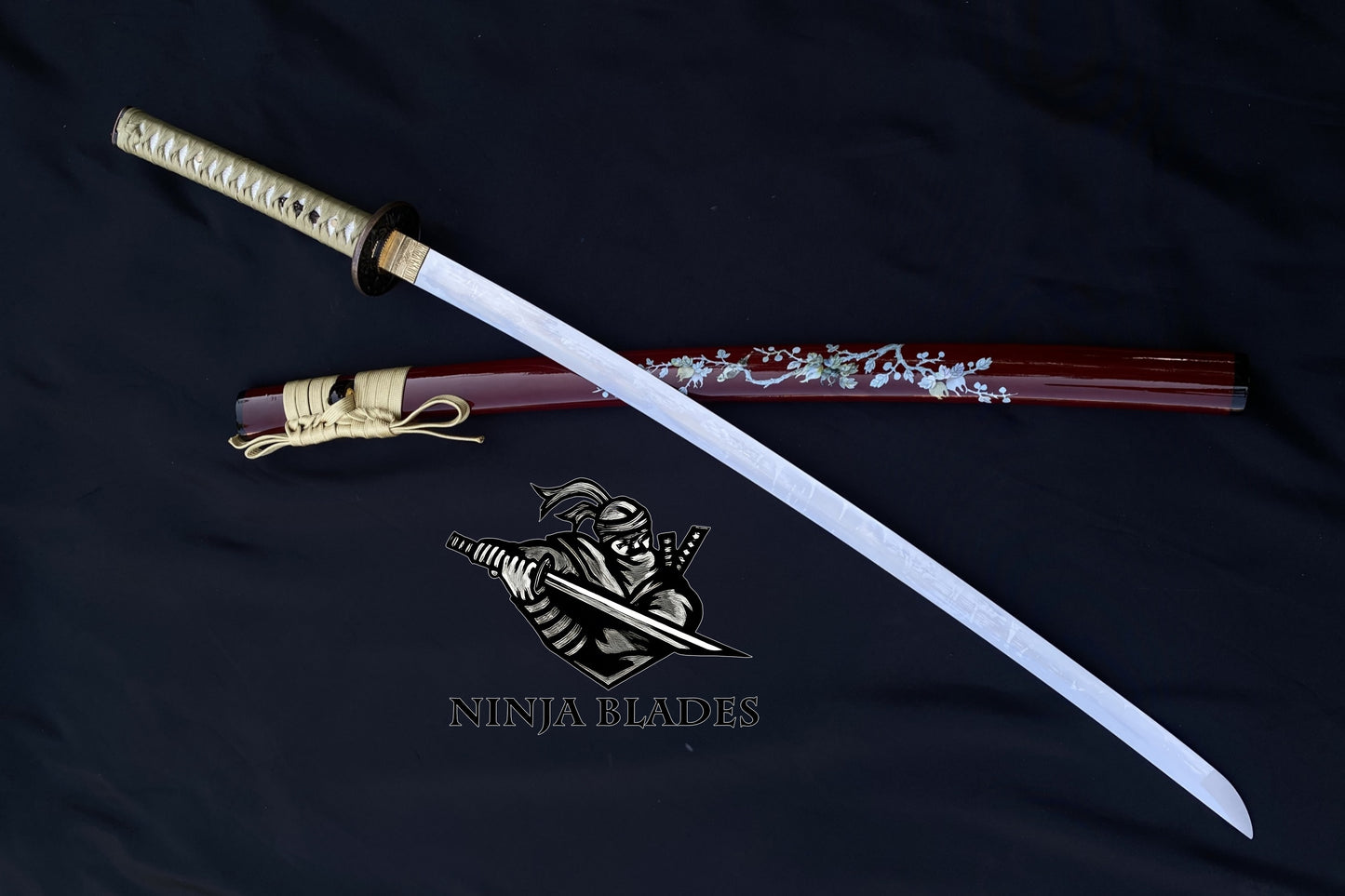 Premium Katana with Red Saya & Cherry Blossom Inlays