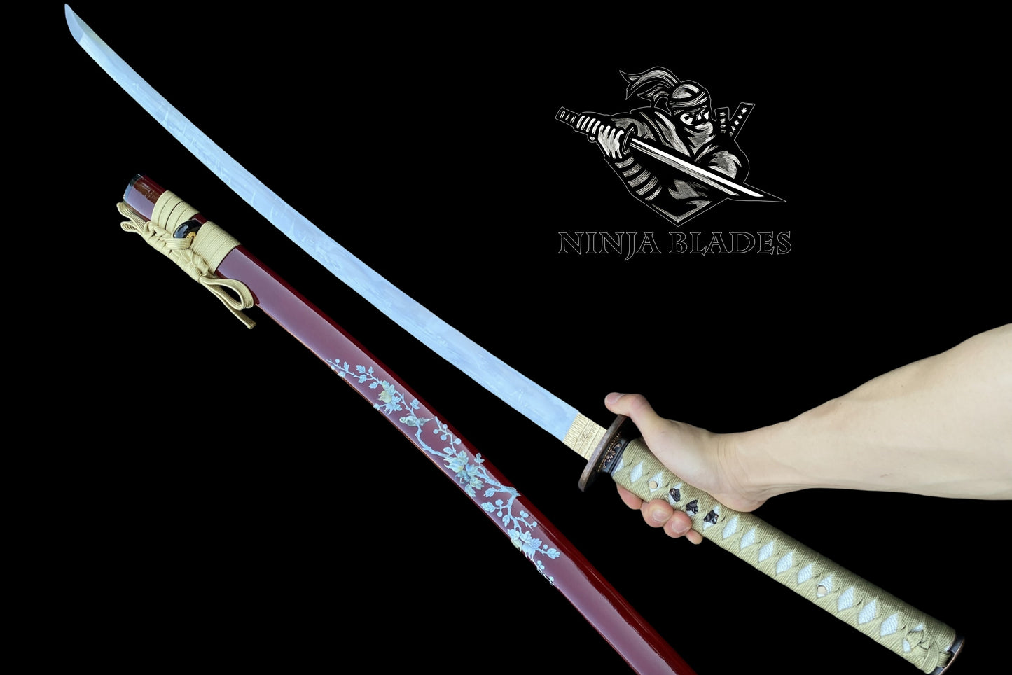 Premium Katana with Red Saya & Cherry Blossom Inlays