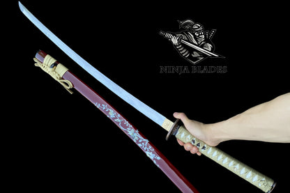 Premium Katana with Red Saya & Cherry Blossom Inlays