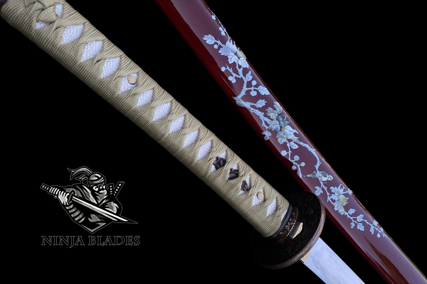 Premium Katana with Red Saya & Cherry Blossom Inlays