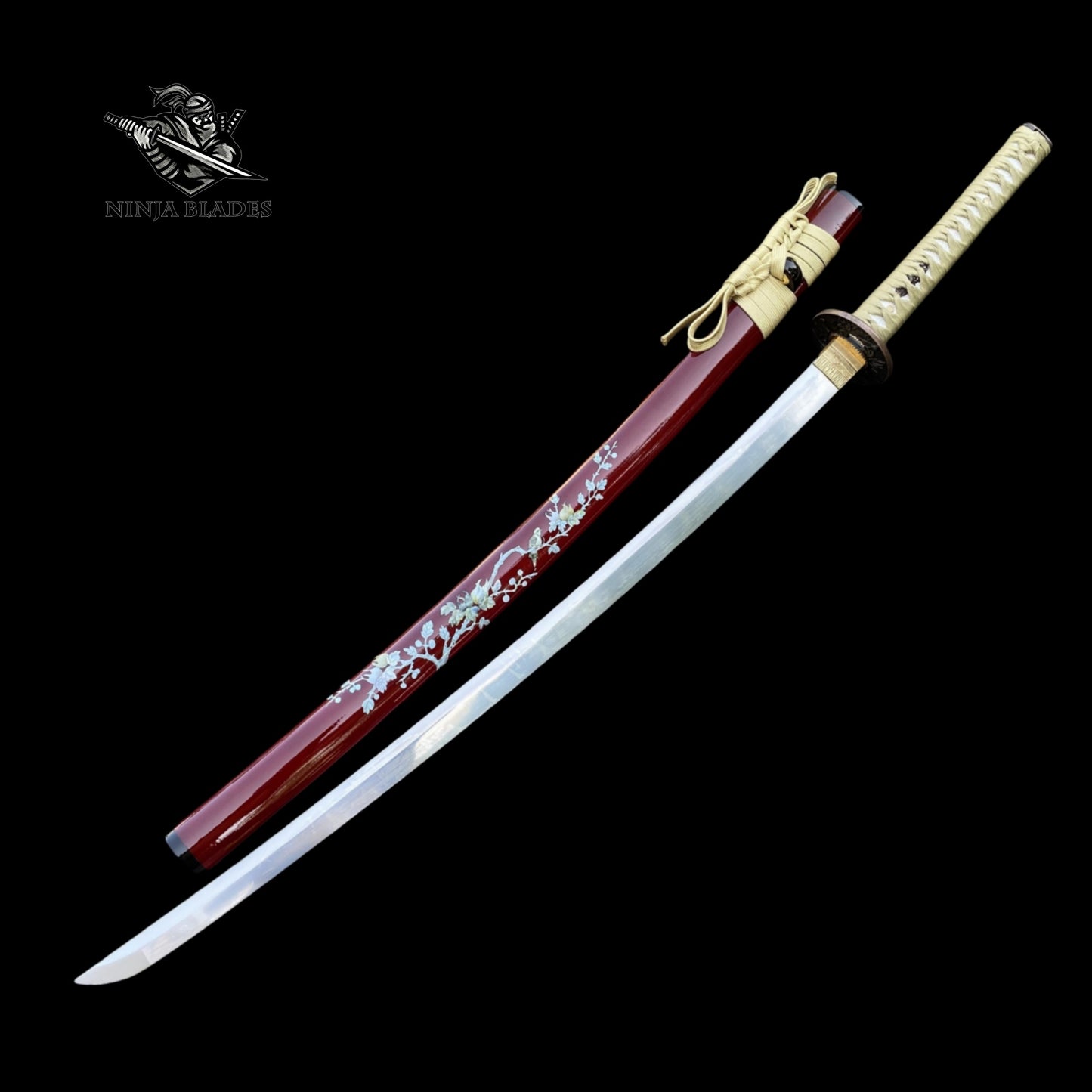 Premium Katana with Red Saya & Cherry Blossom Inlays