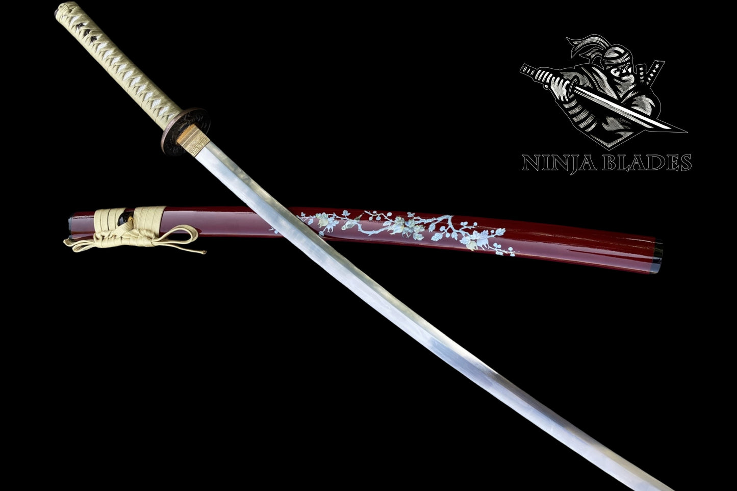 Premium Katana with Red Saya & Cherry Blossom Inlays