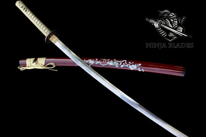 Premium Katana with Red Saya & Cherry Blossom Inlays