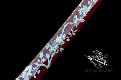 Premium Katana with Red Saya & Cherry Blossom Inlays