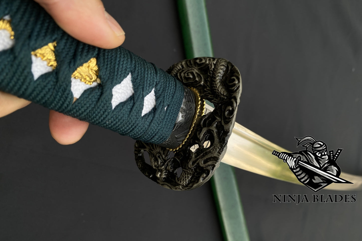 1065 Carbon Steel Premium Katana with Green Saya & Dragon Fittings