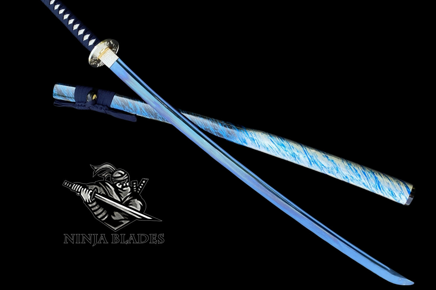 Japanese Katana with Blue Blade & Cherry Blossom Tsuba – Azure Spring Edition