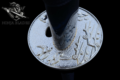 Japanese Katana with Blue Blade & Cherry Blossom Tsuba – Azure Spring Edition