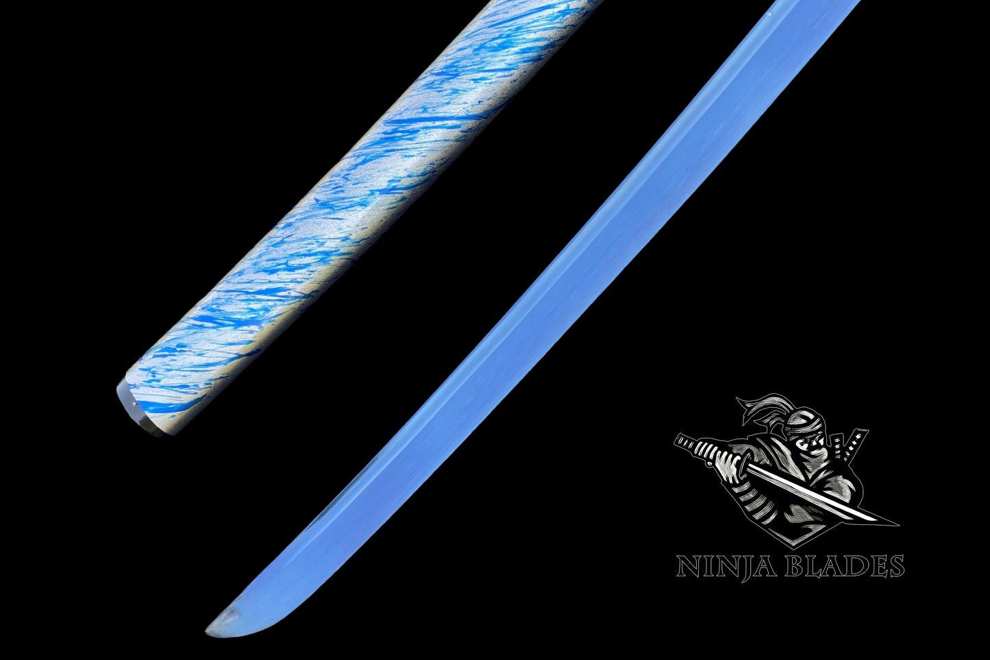 Japanese Katana with Blue Blade & Cherry Blossom Tsuba – Azure Spring Edition