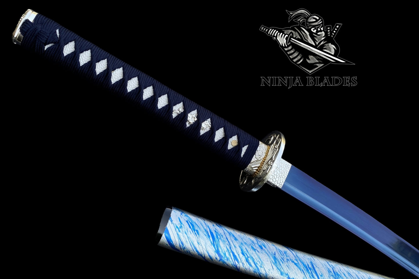Japanese Katana with Blue Blade & Cherry Blossom Tsuba – Azure Spring Edition