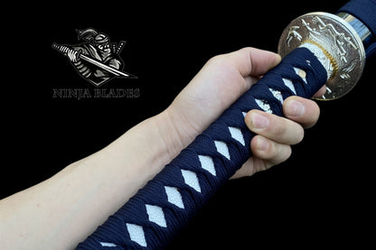 Japanese Katana with Blue Blade & Cherry Blossom Tsuba – Azure Spring Edition