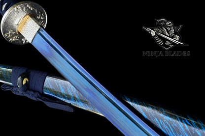 Japanese Katana with Blue Blade & Cherry Blossom Tsuba – Azure Spring Edition