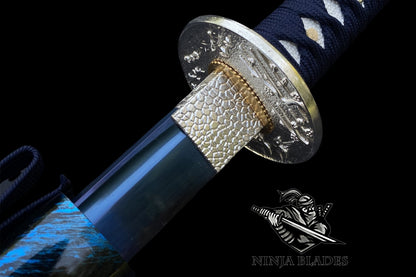 Japanese Katana with Blue Blade & Cherry Blossom Tsuba – Azure Spring Edition