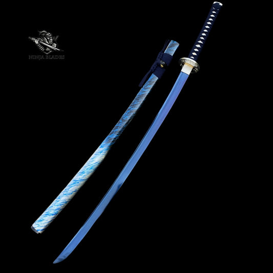Japanese Katana with Blue Blade & Cherry Blossom Tsuba – Azure Spring Edition