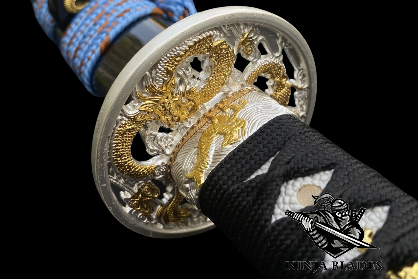 Japanese Katana with Blue Blade & Golden Dragon Tsuba – Azure Edition