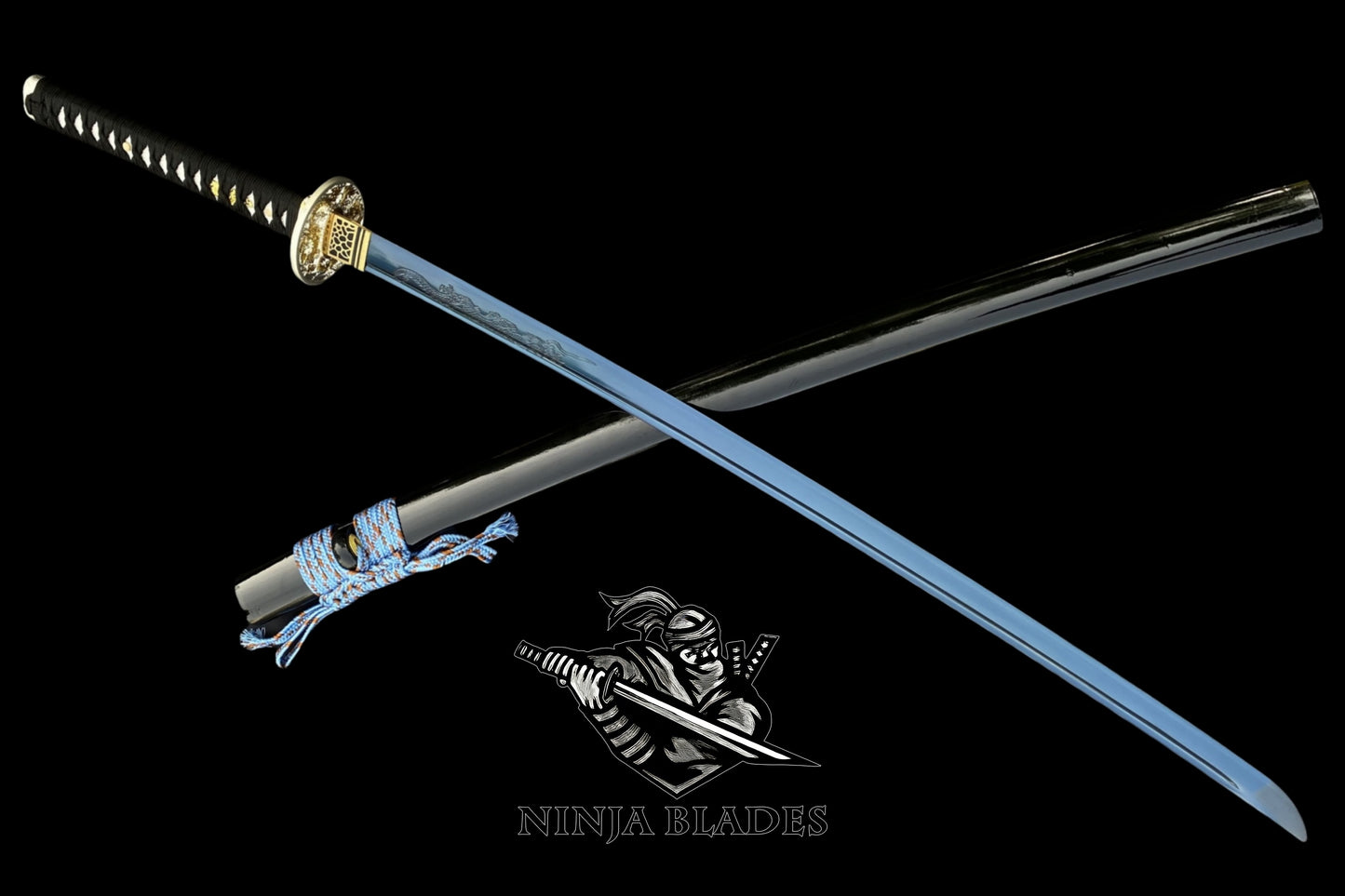 Japanese Katana with Blue Blade & Golden Dragon Tsuba – Azure Edition