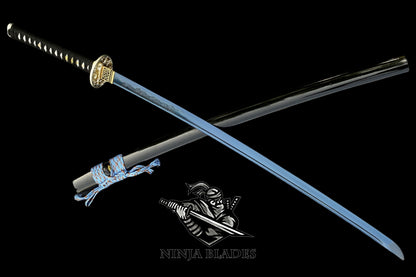 Japanese Katana with Blue Blade & Golden Dragon Tsuba – Azure Edition