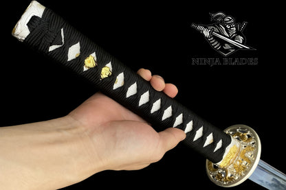 Japanese Katana with Blue Blade & Golden Dragon Tsuba – Azure Edition