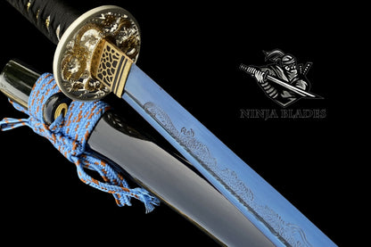 Japanese Katana with Blue Blade & Golden Dragon Tsuba – Azure Edition