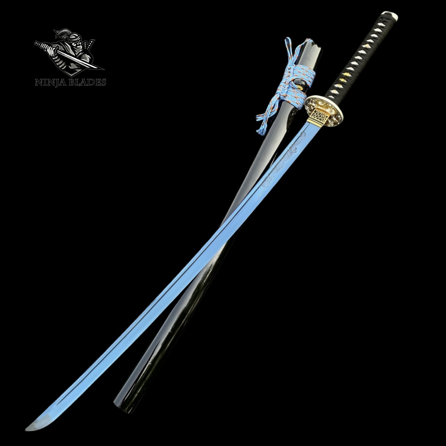 Japanese Katana with Blue Blade & Golden Dragon Tsuba – Azure Edition