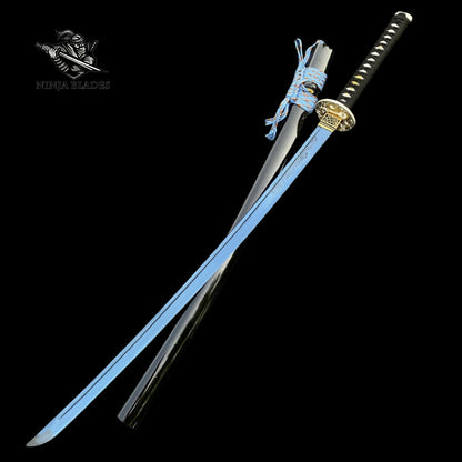 Japanese Katana with Blue Blade & Golden Dragon Tsuba – Azure Edition