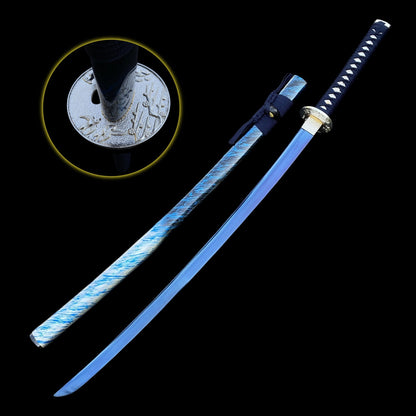 Japanese Katana with Blue Blade & Cherry Blossom Tsuba – Azure Spring Edition