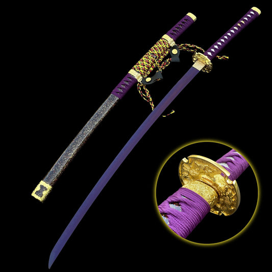 Japanese Katana with Purple Blade & Golden Dragon Tsuba – Royal Amethyst Edition