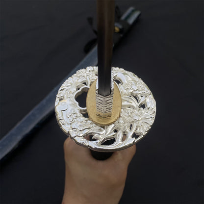 Premium Samurai Katana with Silver Floral Tsuba & Dark Blue Saya