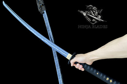 Japanese Katana with Blue Blade & Fan Tsuba – Thunderbolt Edition