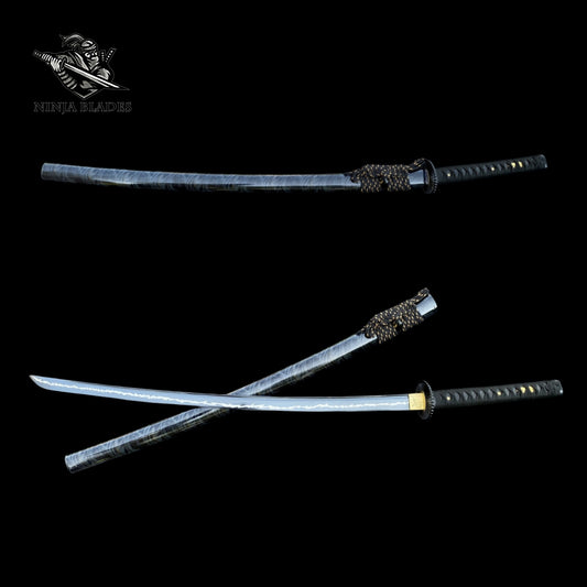 Japanese Katana with Blue Blade & Fan Tsuba – Thunderbolt Edition