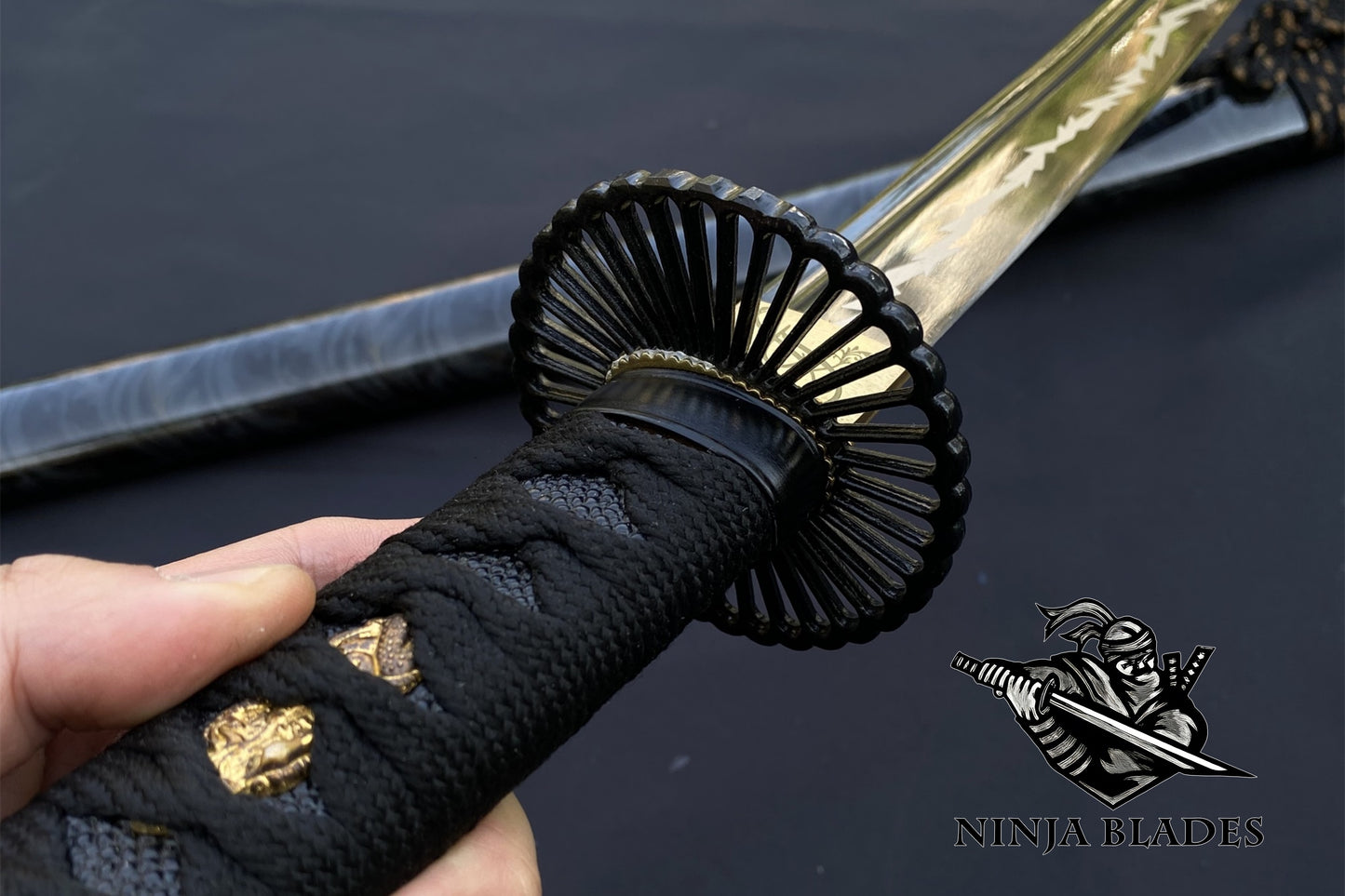 Japanese Katana with Blue Blade & Fan Tsuba – Thunderbolt Edition