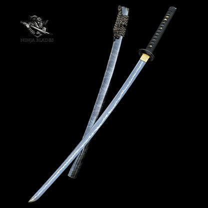 Japanese Katana with Blue Blade & Fan Tsuba – Thunderbolt Edition